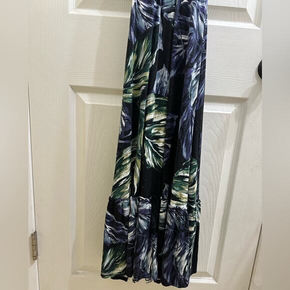 Cynthia Rowley Black Tropical Leaf Floral Midi Dress XS Retro w Pockets - Picture 2 of 12